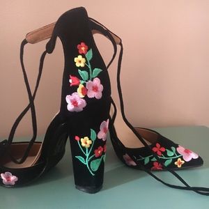 Worn once black flowered heels